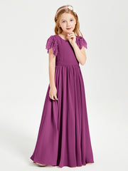 Chiffon Junior Bridesmaid Dresses with Lace Flutter Sleeves Orchid