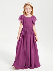 Chiffon Junior Bridesmaid Dresses with Lace Flutter Sleeves Orchid
