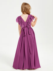 Chiffon Junior Bridesmaid Dresses with Lace Flutter Sleeves Orchid
