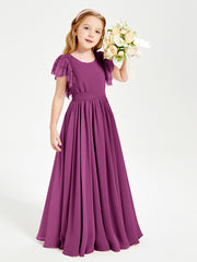 Chiffon Junior Bridesmaid Dresses with Lace Flutter Sleeves Orchid