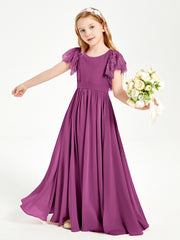 Chiffon Junior Bridesmaid Dresses with Lace Flutter Sleeves Orchid