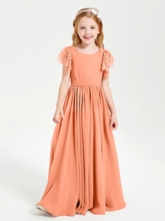 Chiffon Junior Bridesmaid Dresses with Lace Flutter Sleeves Papaya