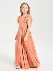 Chiffon Junior Bridesmaid Dresses with Lace Flutter Sleeves Papaya