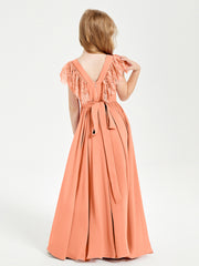 Chiffon Junior Bridesmaid Dresses with Lace Flutter Sleeves Papaya
