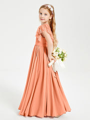 Chiffon Junior Bridesmaid Dresses with Lace Flutter Sleeves Papaya