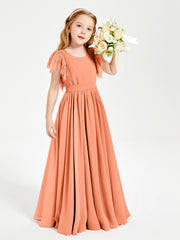 Chiffon Junior Bridesmaid Dresses with Lace Flutter Sleeves Papaya