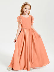 Chiffon Junior Bridesmaid Dresses with Lace Flutter Sleeves Papaya
