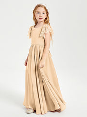Chiffon Junior Bridesmaid Dresses with Lace Flutter Sleeves Peach