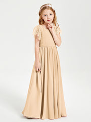 Chiffon Junior Bridesmaid Dresses with Lace Flutter Sleeves Peach