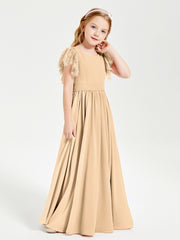 Chiffon Junior Bridesmaid Dresses with Lace Flutter Sleeves Peach
