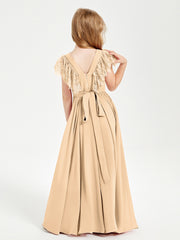 Chiffon Junior Bridesmaid Dresses with Lace Flutter Sleeves Peach