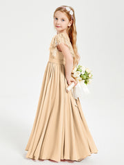 Chiffon Junior Bridesmaid Dresses with Lace Flutter Sleeves Peach