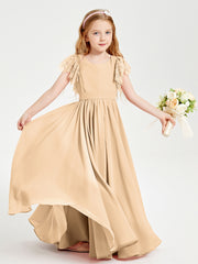 Chiffon Junior Bridesmaid Dresses with Lace Flutter Sleeves Peach