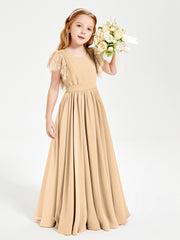 Chiffon Junior Bridesmaid Dresses with Lace Flutter Sleeves Peach