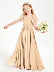Chiffon Junior Bridesmaid Dresses with Lace Flutter Sleeves Peach