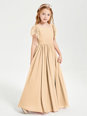 Chiffon Junior Bridesmaid Dresses with Lace Flutter Sleeves Peach