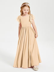 Chiffon Junior Bridesmaid Dresses with Lace Flutter Sleeves Peach