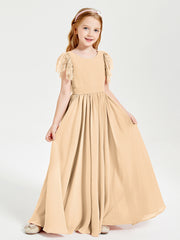 Chiffon Junior Bridesmaid Dresses with Lace Flutter Sleeves Peach