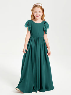 Chiffon Junior Bridesmaid Dresses with Lace Flutter Sleeves Peacock