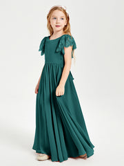Chiffon Junior Bridesmaid Dresses with Lace Flutter Sleeves Peacock