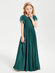 Chiffon Junior Bridesmaid Dresses with Lace Flutter Sleeves Peacock