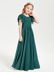 Chiffon Junior Bridesmaid Dresses with Lace Flutter Sleeves Peacock