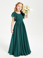 Chiffon Junior Bridesmaid Dresses with Lace Flutter Sleeves Peacock