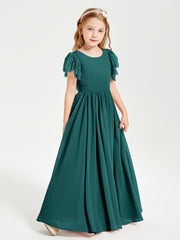 Chiffon Junior Bridesmaid Dresses with Lace Flutter Sleeves Peacock