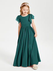 Chiffon Junior Bridesmaid Dresses with Lace Flutter Sleeves Peacock
