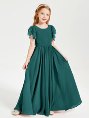 Chiffon Junior Bridesmaid Dresses with Lace Flutter Sleeves Peacock