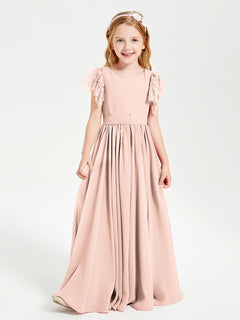 Chiffon Junior Bridesmaid Dresses with Lace Flutter Sleeves Pearl Pink