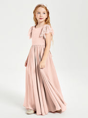 Chiffon Junior Bridesmaid Dresses with Lace Flutter Sleeves Pearl Pink