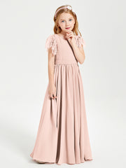 Chiffon Junior Bridesmaid Dresses with Lace Flutter Sleeves Pearl Pink