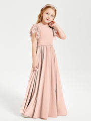 Chiffon Junior Bridesmaid Dresses with Lace Flutter Sleeves Pearl Pink