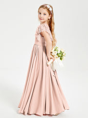 Chiffon Junior Bridesmaid Dresses with Lace Flutter Sleeves Pearl Pink
