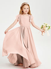 Chiffon Junior Bridesmaid Dresses with Lace Flutter Sleeves Pearl Pink