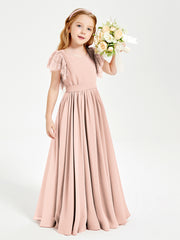 Chiffon Junior Bridesmaid Dresses with Lace Flutter Sleeves Pearl Pink