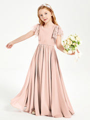 Chiffon Junior Bridesmaid Dresses with Lace Flutter Sleeves Pearl Pink