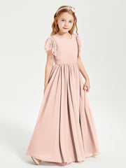 Chiffon Junior Bridesmaid Dresses with Lace Flutter Sleeves Pearl Pink