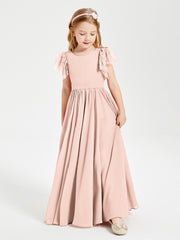 Chiffon Junior Bridesmaid Dresses with Lace Flutter Sleeves Pearl Pink
