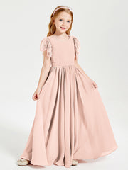 Chiffon Junior Bridesmaid Dresses with Lace Flutter Sleeves Pearl Pink