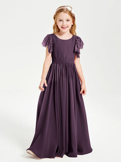 Chiffon Junior Bridesmaid Dresses with Lace Flutter Sleeves Plum