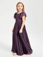 Chiffon Junior Bridesmaid Dresses with Lace Flutter Sleeves Plum