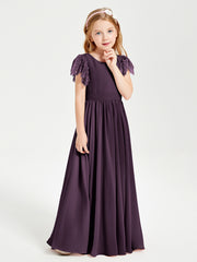 Chiffon Junior Bridesmaid Dresses with Lace Flutter Sleeves Plum