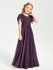 Chiffon Junior Bridesmaid Dresses with Lace Flutter Sleeves Plum