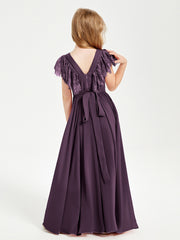 Chiffon Junior Bridesmaid Dresses with Lace Flutter Sleeves Plum