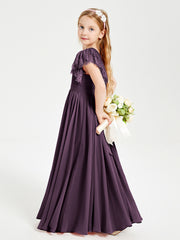 Chiffon Junior Bridesmaid Dresses with Lace Flutter Sleeves Plum