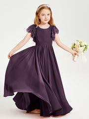 Chiffon Junior Bridesmaid Dresses with Lace Flutter Sleeves Plum