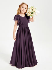 Chiffon Junior Bridesmaid Dresses with Lace Flutter Sleeves Plum