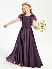 Chiffon Junior Bridesmaid Dresses with Lace Flutter Sleeves Plum